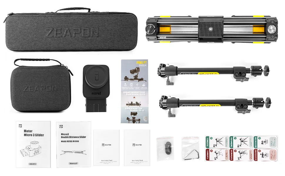 Zeapon Micro 3 E1000 Motorized Double Distance Camera Slider, Travel Distance 42.13 inch Hellaflush Design 4KG-12KG Payload - Package content