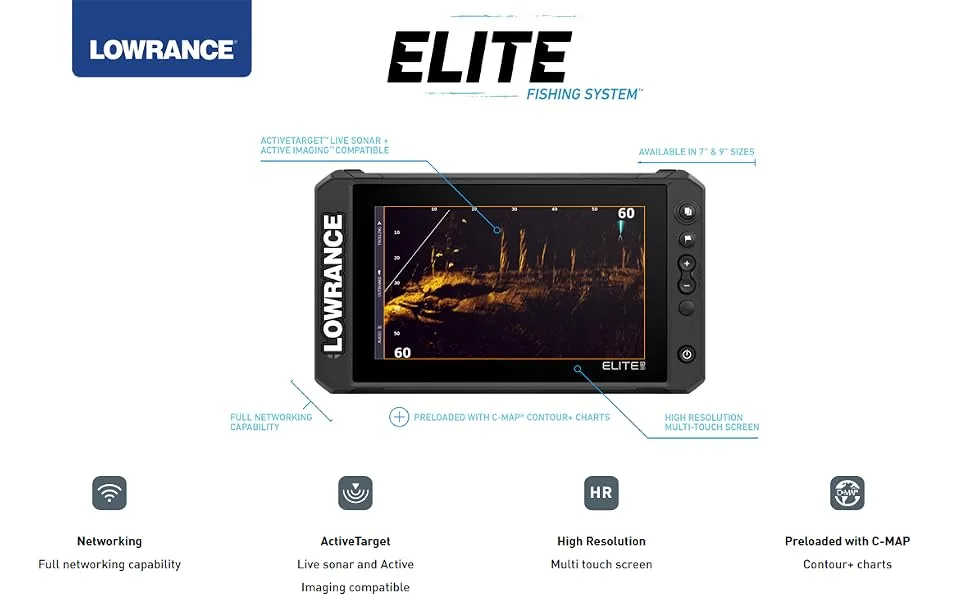Lowrance Elite FS 9 Fish Finder with Active Imaging 3-in-1 Transducer, Preloaded C-MAP Contour+ Charts 9 Inch Active Imaging 3-in-1 - Elite FS intro key features
