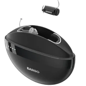 EARGO 5 Self-Fitting OTC Adult Hearing Aids - Virtually Invisible, Rechargeable, Lifetime Remote Support - Eargo 5 going into charger
