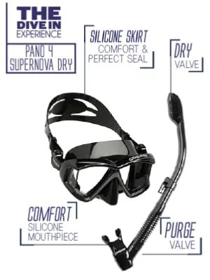 Cressi Pano 4 & Supernova Dry, Black/Black - snorkeling set, snorkeling combo, scuba mask, snorkel, snorkeling gear
