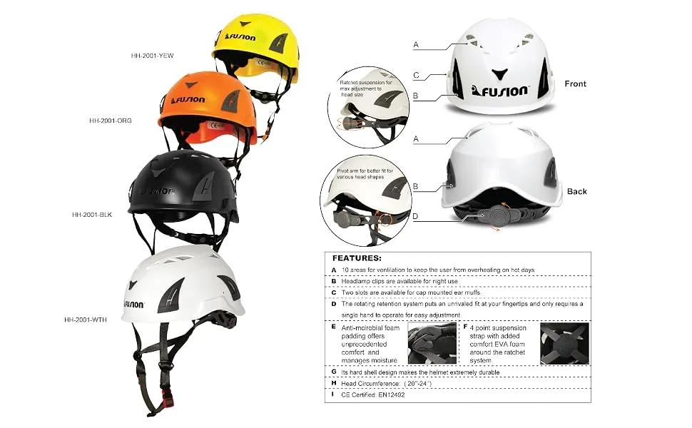 Fusion Climb Meka II Climbing Bungee Zipline Mountain Construction Safety Protection Helmet White,White, Black,One Size,SP-HH-2001-WHT - product information 3