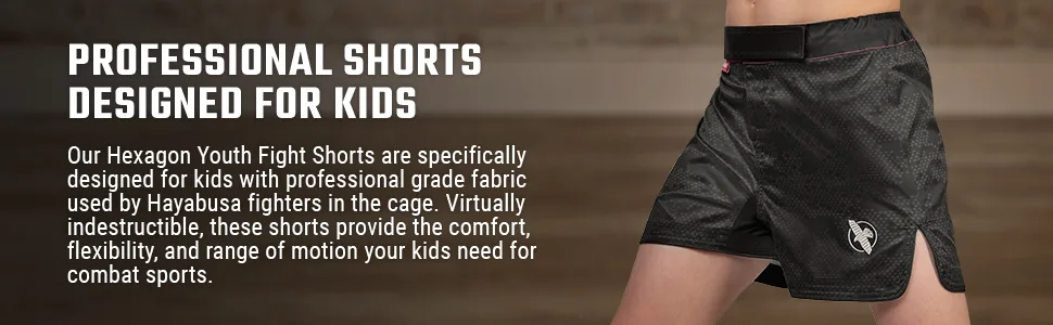 Hayabusa Hexagon Kids MMA Shorts Medium - Professional Shorts Designed for Kids Black Hayabusa Hexagon Youth Fight Shorts