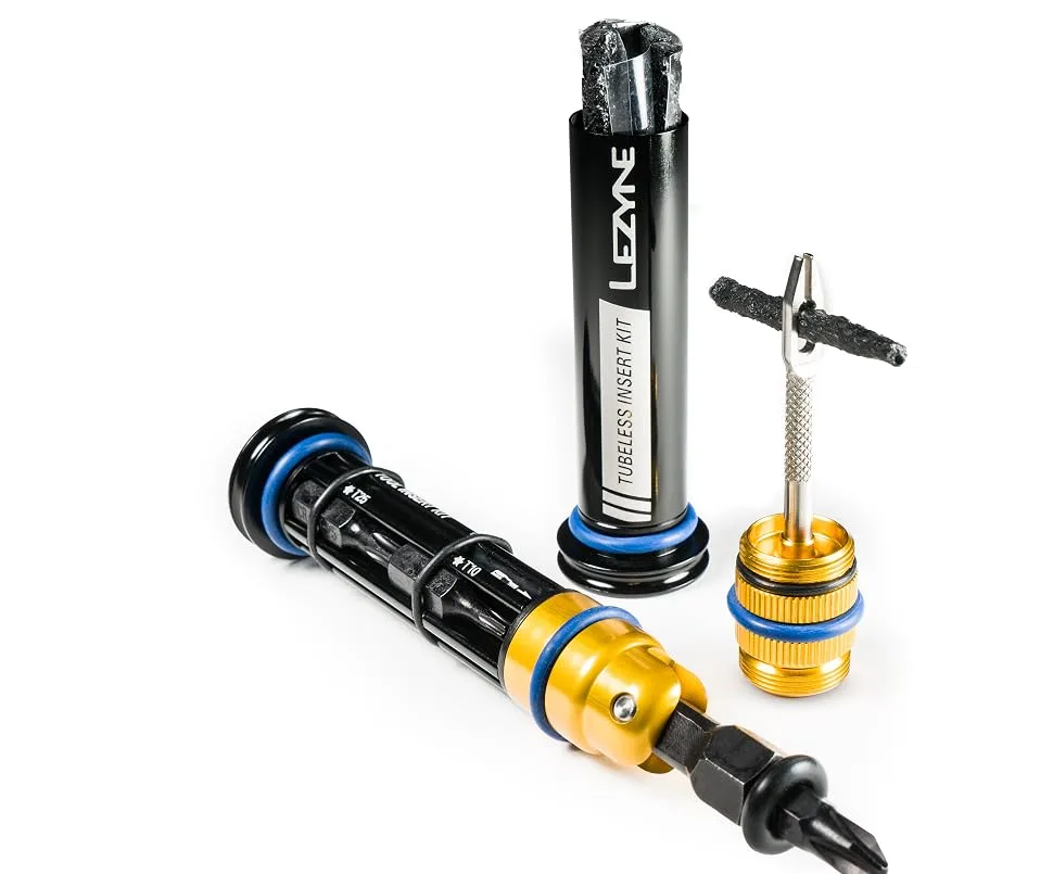 LEZYNE Dual Insert Bicycle Kit, Handlebar End Cap Multi-Tools, Includes Tubeless Tire Repair Kit with 5 Tire Strips & Tool Insert Kit, Bike Bar Plugs, Large - LEZYNE Dual Insert Kit Displayed with Open Tire Repair Kit