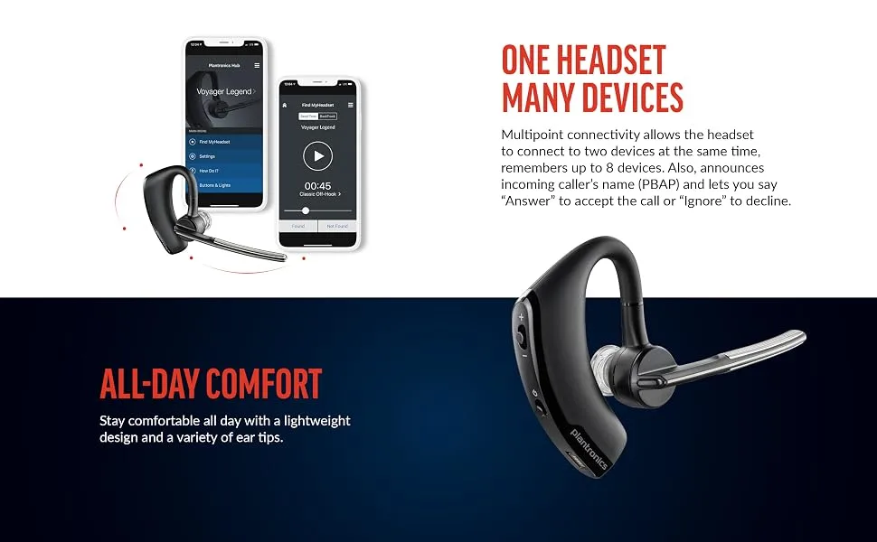 Poly Voyager Legend Wireless Headset (Plantronics) - Single-Ear Bluetooth w/Noise-Canceling Mic - Voice Controls - Mute & Volume Buttons - Ergonomic Design -Connect to Mobile/Tablet via Bluetooth -FFP - multipoint connectivity bluetooth caller ID voice command all-day comfort light weight ergonomic