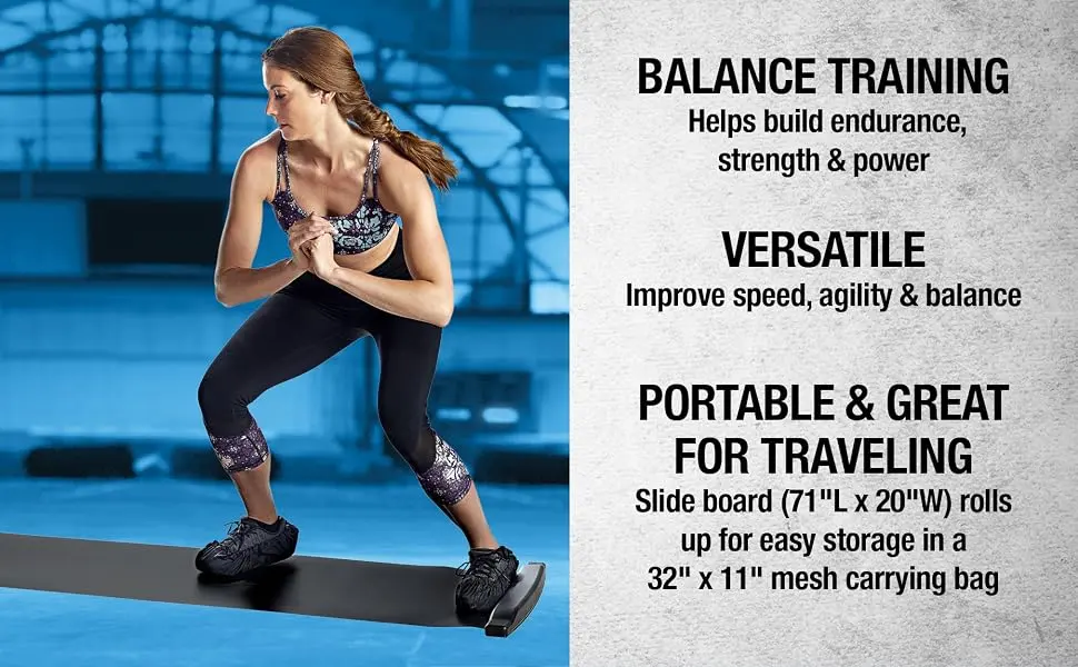 SPRI Slide Board (71" L x 20" W) with End Stops, Sliding Booties, Mesh Carrying Bag and Exercise Guide for Low Impact Balance Training (Skating, Hockey) - SPRI Slide Board
