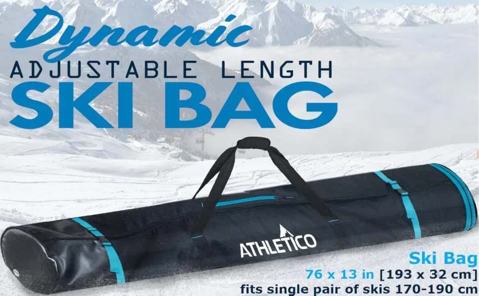 Athletico Dynamic Adjustable Length Ski Bag - Padded Ski Bag Adjusts from 170cm to 190cm - Athletico Dynamic Ski Padded Bag for air Travel airplane adjustable length for long skis 170-190 cm