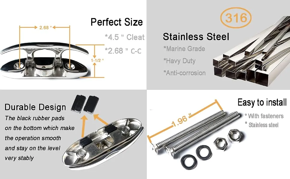 MX 4-1/2" Boat Folding Cleat Marine Dock Cleats Flip Up Boat Cleats Stainless Steel with Fastener Pack of 4 Silver,4pcs - product information 2