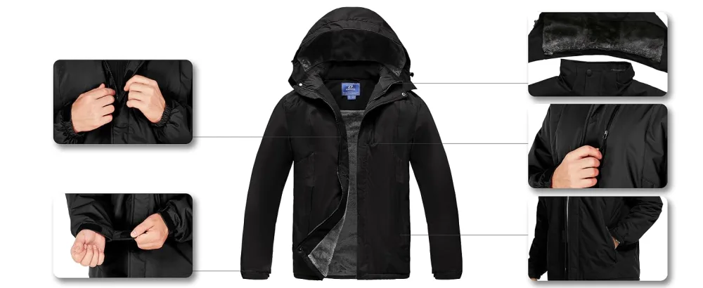 Purltoan Men's Waterproof Ski Jacket Windproof Rain Jackets Snowboarding Hiking Hooded Raincoat Warm Fleece Winter Snow Coat 2-darkgrey Medium - details