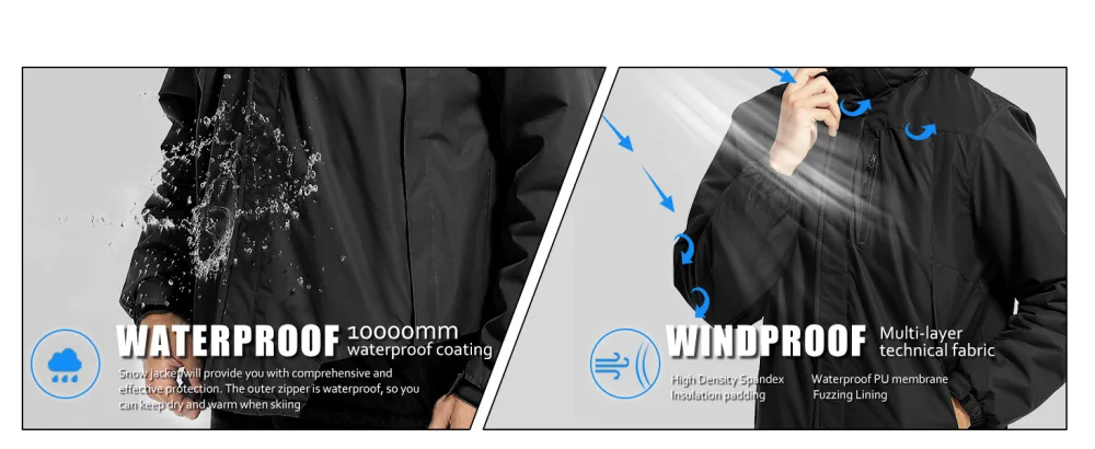 Purltoan Men's Waterproof Ski Jacket Windproof Rain Jackets Snowboarding Hiking Hooded Raincoat Warm Fleece Winter Snow Coat 2-darkgrey Medium - FEATURES