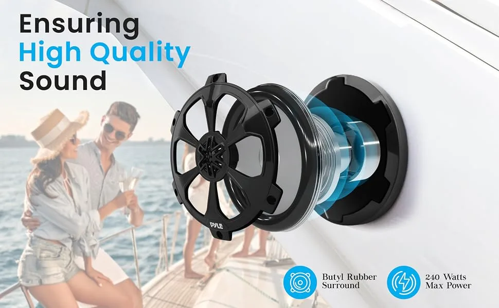 Pyle 6.5" Marine Speakers, 2-Way Coaxial/Component Waterproof Speakers, 240 Watt Butyl Surround Sound and Surface Mount Capability - Black Pair - Pyle 6.5