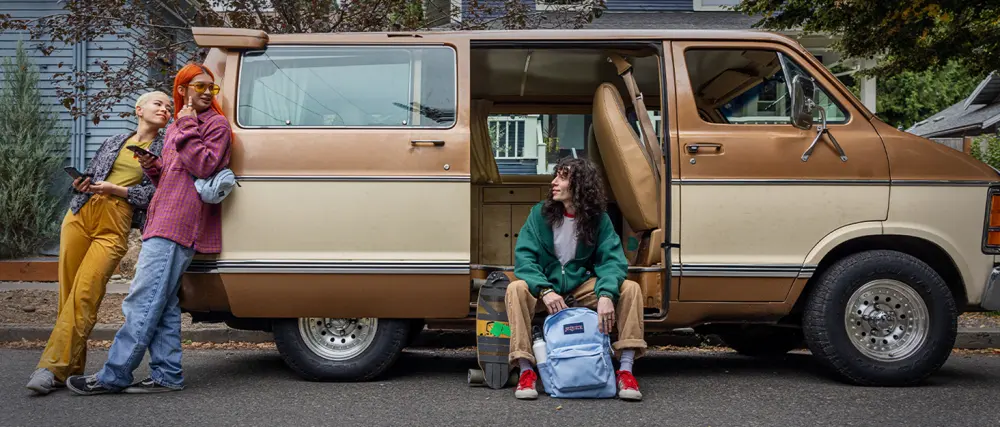 JanSport Agave Backpack White Storm Army Green - Van background