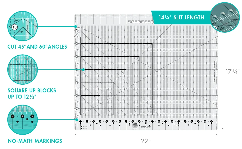 Creative Grids Stripology XL Ruler - CGRGE1XL - creative girds cut 45 degrees and 60 degrees square up blocks up to 12.5 inches no math markings