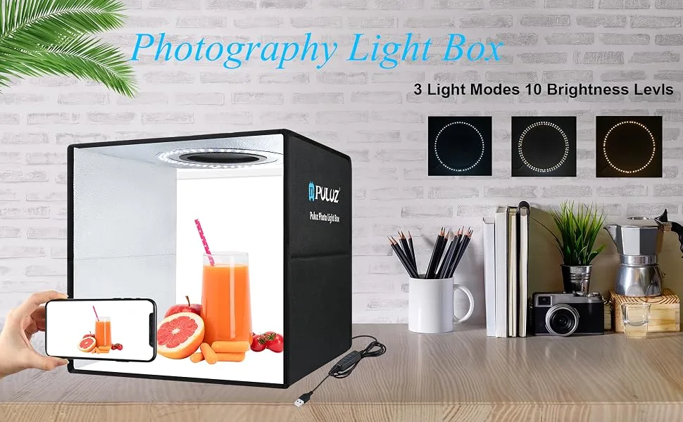 Photo Box 16" x 16" Quick Install Foldable Portable Studio Kit with Soft Light Cloth Professional Photography Equipment Adjustable White Light, Soft Light, Warm Light - Photo Light Box