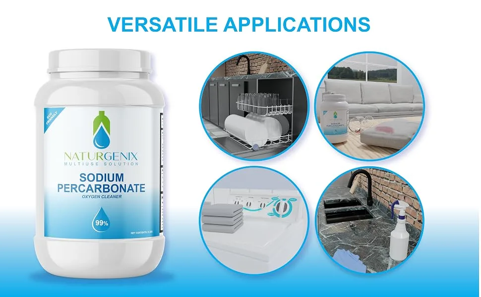 Sodium Percarbonate 99% Purity, Oxygen Bleach (9-lbs) Multi-use Oxygen Bleach for Laundry, Dishwasher, Deodorizing, Stain Removal and More, Sodium Percarbonate Powder - Many names sodium carbonate peroxyhydrate and percarbonato de sodio and percarbonate soda.