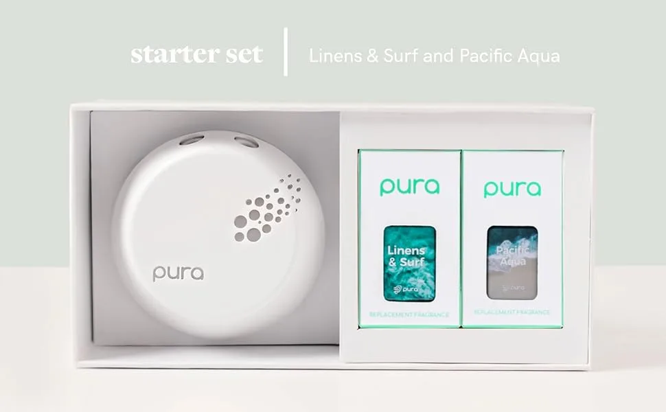Pura Smart Fragrance Diffuser Device Set - Home Scent Diffuser with Pura Refills - 1 Fragrance Diffuser, 1 Linens & Surf, 1 Pacific Aqua Linens & Surf and Pacific Aqua - Starter Set: Linens & Surf and Pacific Aqua