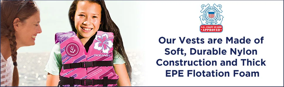 Oceans7 US Coast Guard-Approved Youth Life Jacket 50-90 lbs -Type III PFD Flexible-Fit Open-Sided Design Personal Flotation Device  Pink/Berry - Durable Construction