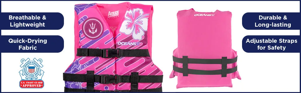 Oceans7 US Coast Guard-Approved Youth Life Jacket 50-90 lbs -Type III PFD Flexible-Fit Open-Sided Design Personal Flotation Device  Pink/Berry - Features