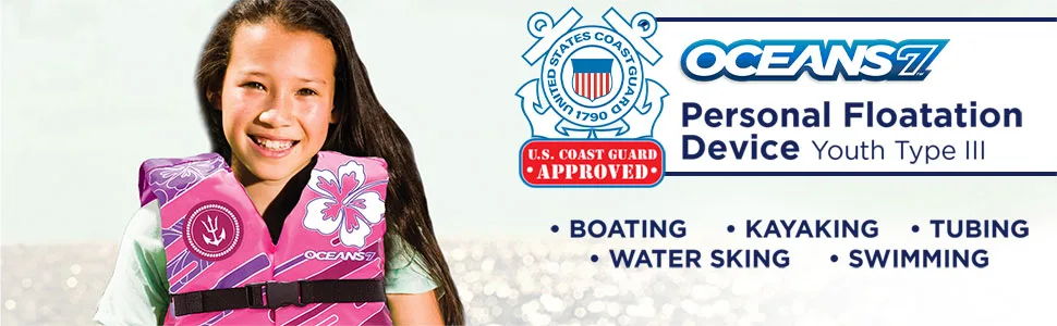 Oceans7 US Coast Guard-Approved Youth Life Jacket 50-90 lbs -Type III PFD Flexible-Fit Open-Sided Design Personal Flotation Device  Pink/Berry - Youth Personal Flotation Device