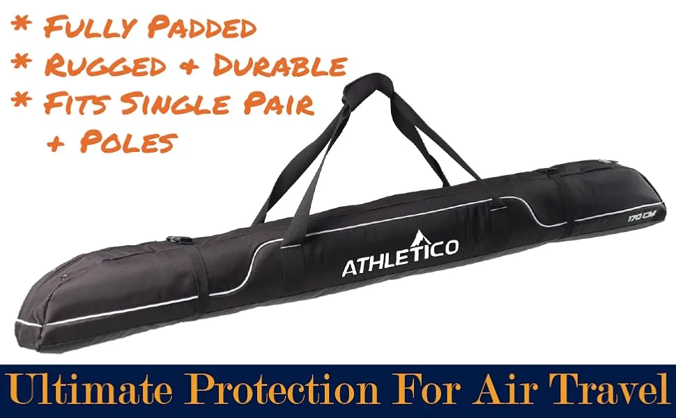 Athletico Diamond Trail Padded Ski Bag - Single Ski Travel Bag to Transport Skis Black 170cm - Athletico Diamond Trail Padded Ski Bag