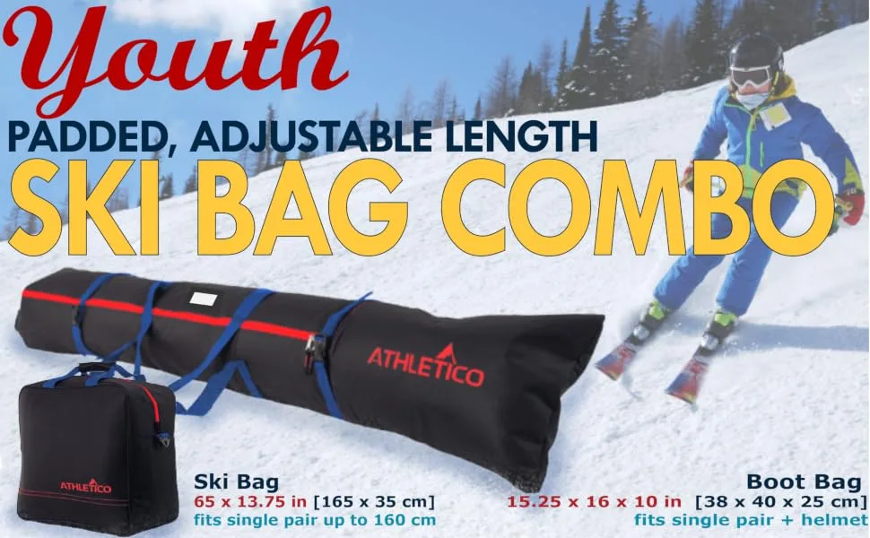 Athletico Youth Padded Ski Bag Combo Black - Athletico Padded 2 piece adjustable length ski bag & boot bag Youth - for skis up to 160 cm