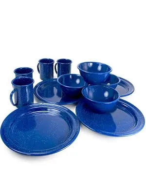 GSI Outdoors Sierra Enamel Table Set for Four with Bowls, Plates and Cups for Camping - Table set