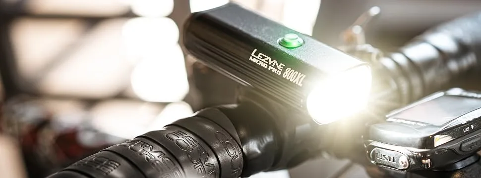 LEZYNE Micro Drive Pro 800XL LED Bicycle Headlight, 800 Lumens, 87 Hour Runtime, USB Rechargeable, CNC Aluminum, Front Bike Light Black/Hi Gloss - LEZYNE Micro Drive 800 XL in Black Next to LEZYNE GPS on Bicycle Handlebar