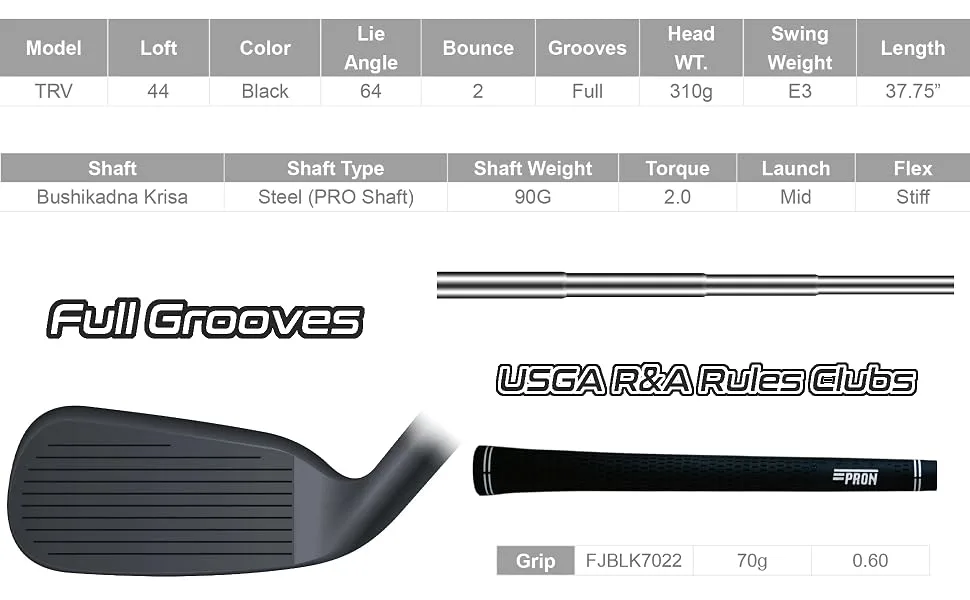 Japan Pron USGA R A Rules Adjustable Chipper Mens Golf Club with Cover Black, 44 Degree, Pro Steel - TRV Single Chipper 44 Specs