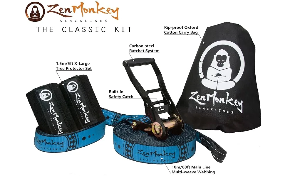 ZenMonkey Slackline Kit with Tree Protectors, Cloth Carry Bag and Instructions, 60 Foot - Easy Setup for the Family, Kids and Adults - Zen Monkey Classic Kit Features