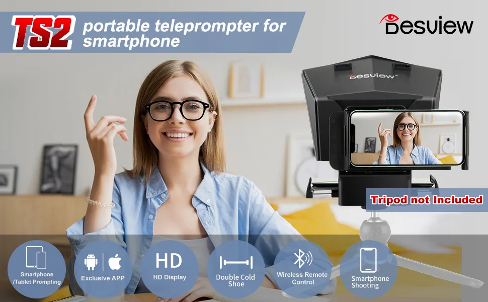 Desview TS2 Phone Teleprompter, 12.9 Portable HD Widescreen Teleprompter with Remote Control APP Compatible with iOS/Android Prompter for Phone Tablet up to 11"(Tripod not Included) - product information 15