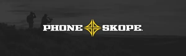 Phone Skope Complete Digiscoping Kit, Compatible with iPhones OR Samsung, Includes PhoneCase + Eyepiece Adapter + Lens Cloth - Phone Skope logo with a gray background showing 2 men using a Phone Skope.