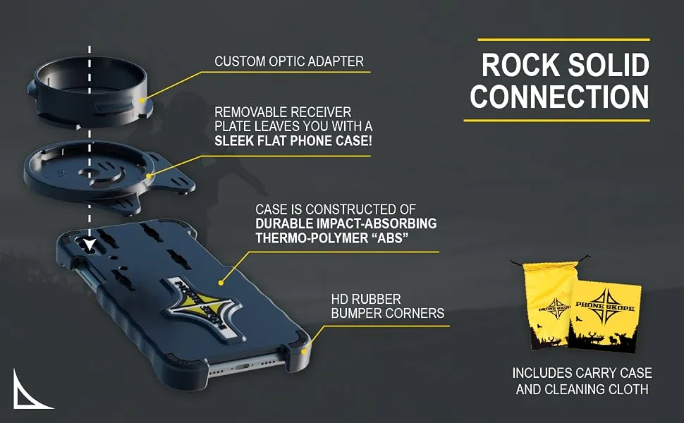 Phone Skope Complete Digiscoping Kit, Compatible with iPhones OR Samsung, Includes PhoneCase + Eyepiece Adapter + Lens Cloth - Diagram of Phone Skope phone case with rubber bumper corners. Says