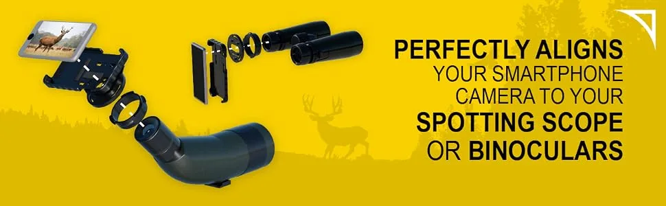Phone Skope Complete Digiscoping Kit, Compatible with iPhones OR Samsung, Includes PhoneCase + Eyepiece Adapter + Lens Cloth - Phone Skope connecting to a smartphone and spotting scope, showing how well it connects to the two.