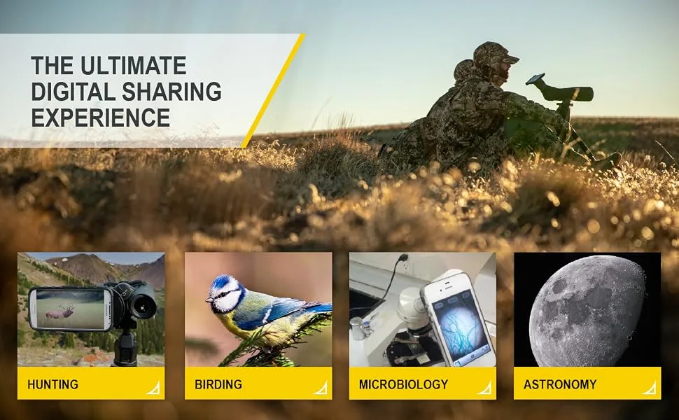 Phone Skope Complete Digiscoping Kit, Compatible with iPhones OR Samsung, Includes PhoneCase + Eyepiece Adapter + Lens Cloth - Man with Phone Skope. Pictures at bottom say it