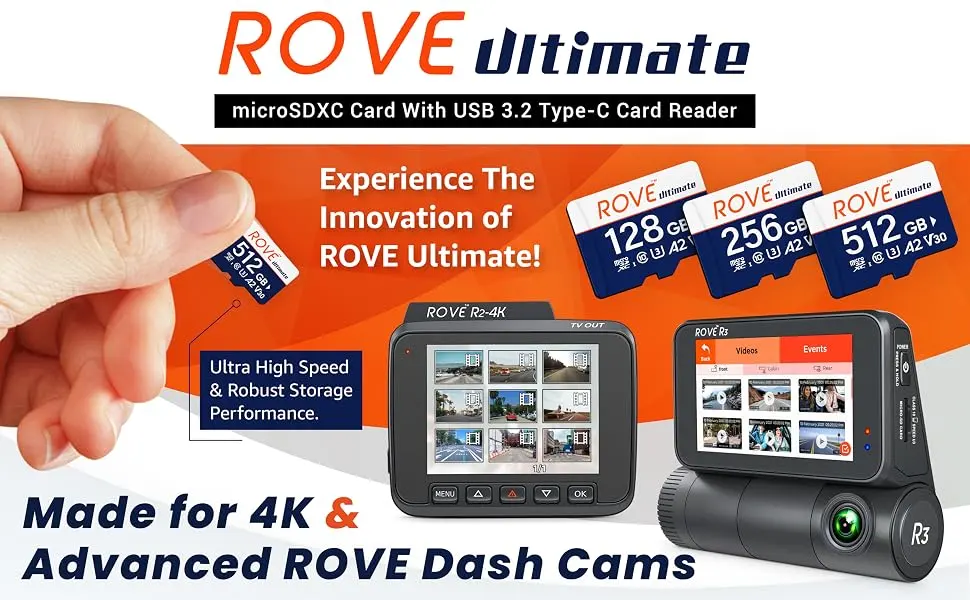 ROVE Ultimate Micro SD Card microSDXC 512GB Memory Card with USB 3.2 Type C Card Reader 170MB/s C10, U3, V30, 4K, A2 for Dash Cam, Android Smart Phones, Tablets, Games - micro sd card rove dash cam 4k car memory cards 128 256 512 GB USB C Card Reader class 10 UHS 3 SSD