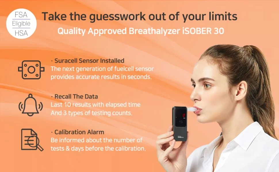 iSOBER 30 Breathalyzer | HSA/FSA Eligible | DOT, NHTSA Compliant | Suracell FuelCell Sensor Technology | Portable Alcohol Tester - isober30