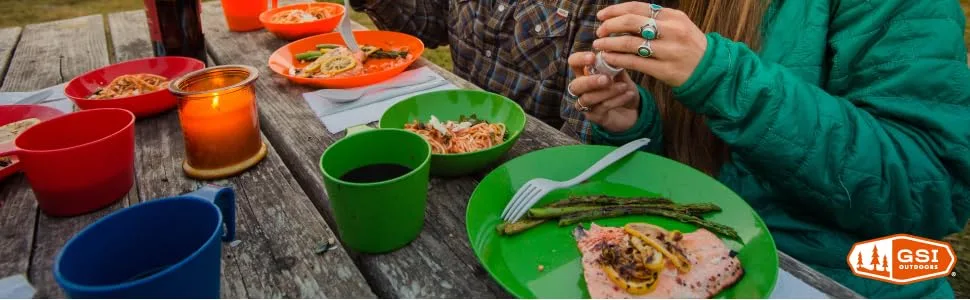 GSI Outdoors - Infinity 4 Person Deluxe Nesting Table Set Multicolor Durable, Break Resistant Plates, Bowls, Mugs and Cups - GSI Outdoors outdoor cookware and tableware