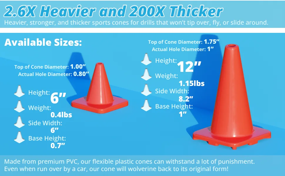 Heavy & Tough Cones - Won't Fly Away in Wind or Crack/Break - 12" Size - LVL10 Pro Training Cones 12" 4 cones - sizes