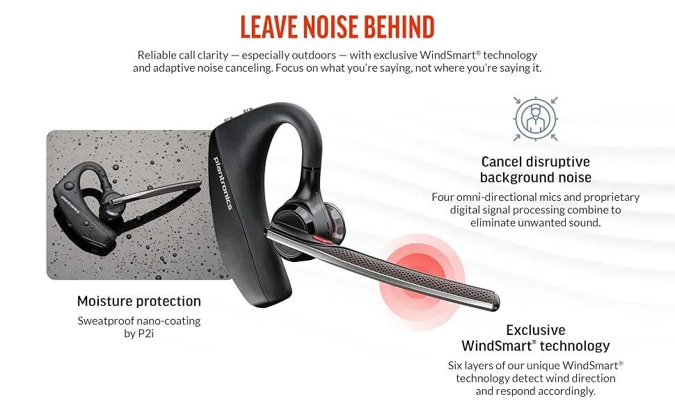 Poly Voyager 5200 Wireless Headset (Plantronics) - Single-Ear Bluetooth Headset w/Noise-Canceling Mic - Ergonomic Design - Voice Controls - Lightweight - Connect to Mobile/Tablet via Bluetooth - cancel background noise mics windsmart technology call clarity outdoors sweatproof water-resistant