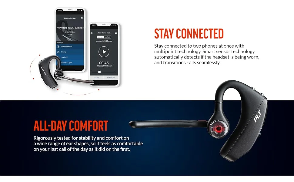 Poly Voyager 5200 Wireless Headset (Plantronics) - Single-Ear Bluetooth Headset w/Noise-Canceling Mic - Ergonomic Design - Voice Controls - Lightweight - Connect to Mobile/Tablet via Bluetooth - multipoint connectivity phones iphone android bluetooth all-day comfort stability