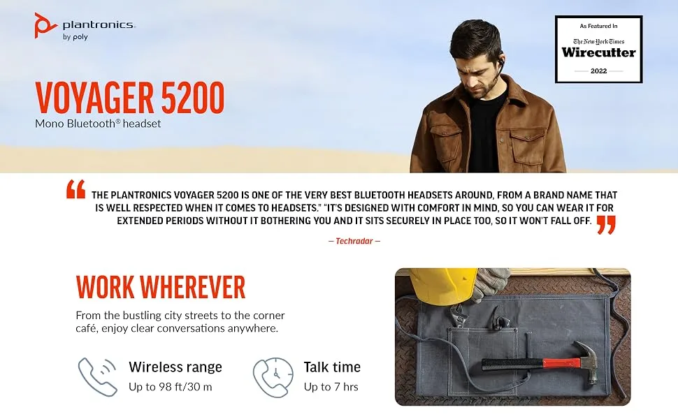 Poly Voyager 5200 Wireless Headset (Plantronics) - Single-Ear Bluetooth Headset w/Noise-Canceling Mic - Ergonomic Design - Voice Controls - Lightweight - Connect to Mobile/Tablet via Bluetooth - voyager 5200 monaural mono bluetooth wireless headset microphone noise cancelling plantronics