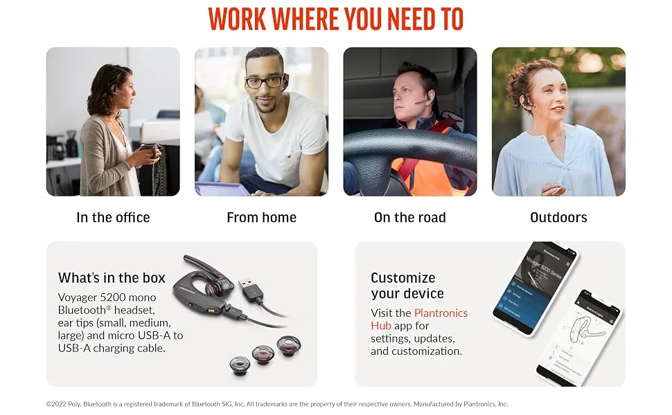 Poly Voyager 5200 Wireless Headset (Plantronics) - Single-Ear Bluetooth Headset w/Noise-Canceling Mic - Ergonomic Design - Voice Controls - Lightweight - Connect to Mobile/Tablet via Bluetooth - work from home office driving road trucker trucking wind canceling outdoors hybrid remote app plt