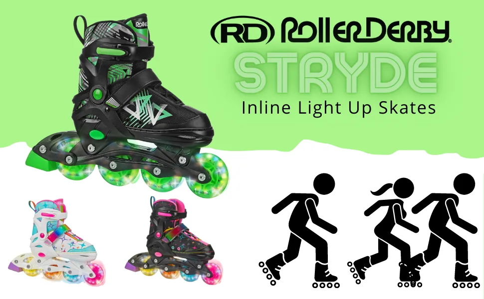 Stryde Adjustable Youth Inline Skates with Light Up Wheels Medium White/Teal - Lighted wheel skates in 3 different colors with Roller Derby Logo