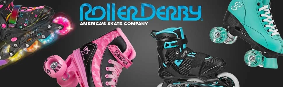 Stryde Adjustable Youth Inline Skates with Light Up Wheels Medium White/Teal - Roller Derby Logo with variety of skates