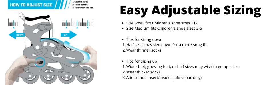Stryde Adjustable Youth Inline Skates with Light Up Wheels Medium White/Teal - Sizing chart and info graphic