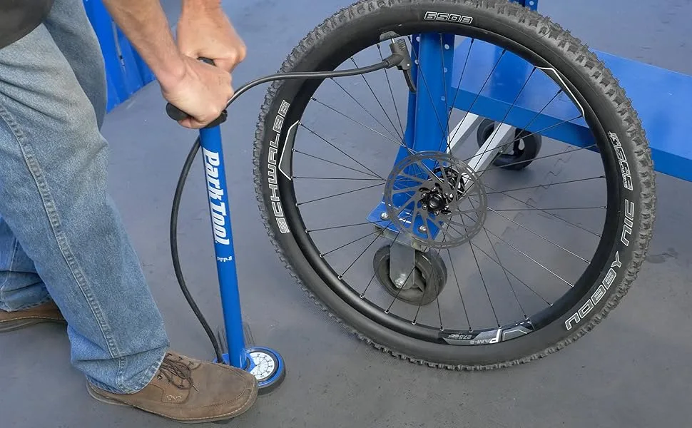 Park Tool PFP-8 Home Mechanic Floor Pump BLUE - Park Tool PFP-8 Floor Pump in use
