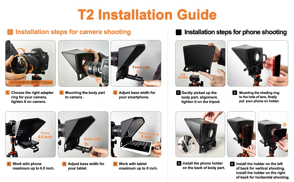Desview T2 Teleprompter, 8" HD Display Glass, Teleprompters with Remote Control, Compatible with Smartphone/ipad/DSLR Cameras, Easy Assembly, Great for Interview, Live Streaming, Presentation - installation for teleprompter