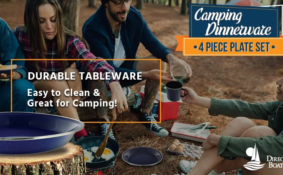 Direct 2 Boater 10" Enamel Camping Plates - 8 Pack Metal Camping Plates with Blue Enamel Finish - For Camping, Hiking & Picnics - camping plate backpacking plate