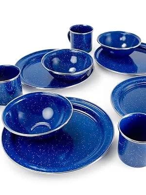 GSI Outdoors Camp Table Set for 4 I Includes Enamel Pioneer Plates, Bowls, & Coffee Mugs for Camping, Outdoors, RV Blue 4 Person - GSI Outdoors Pioneer 4 Person Table Set