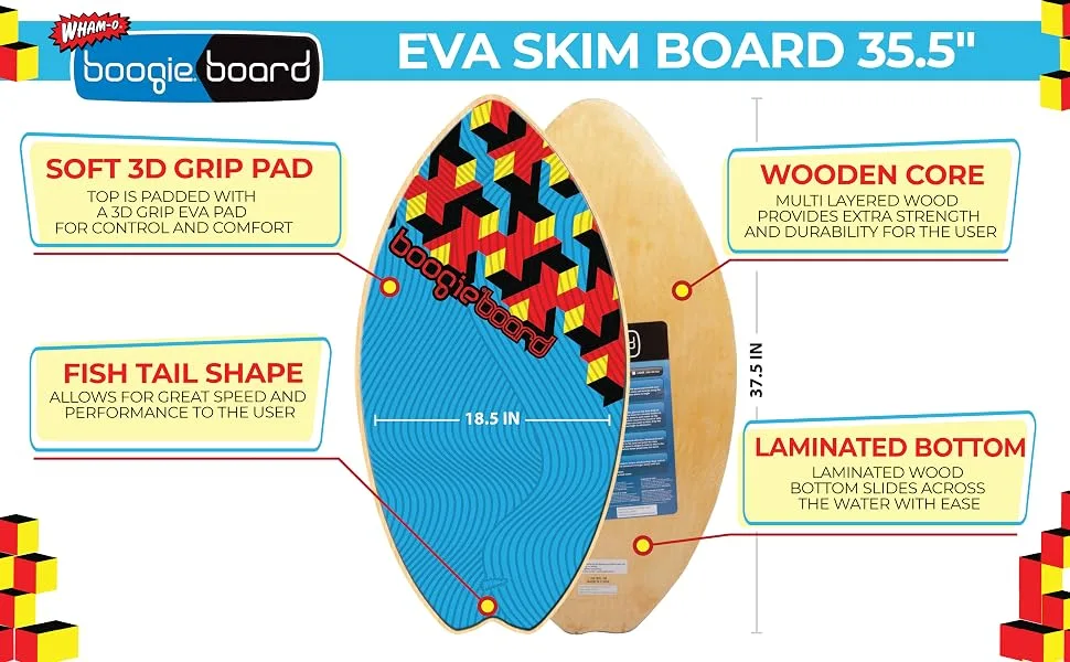 Wham-O Boogieboard Eva Skim Board 35.5" | Soft 3D Grip Pad | Multilayered Wooden Core |High Performance Shapel | Surfboard for Ocean, Sea, River, Pool - 34068-
