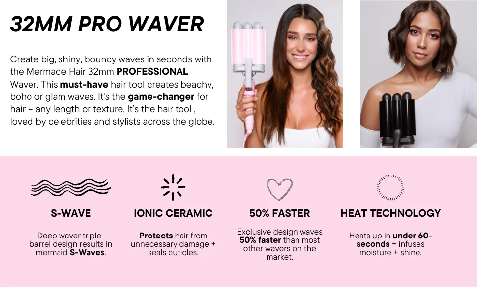 Mermade Hair PRO Waver 32mm I Triple Barrel Deep Waver Curling Iron Beach Waves Crimper (32mm, Pink) 32mm Pink - Brand Features